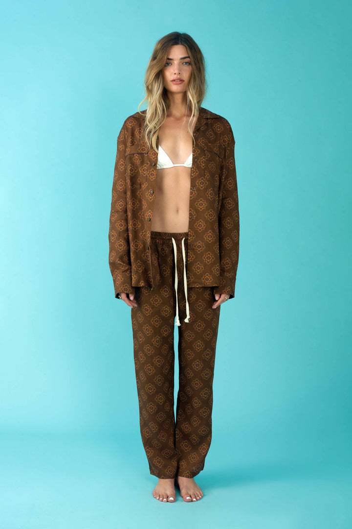 Unisex Long Sleeve Brown Geo Matching Set in Linen 
