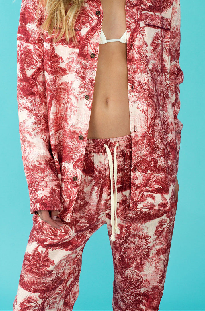 Unisex  Long Sleeve Red Toile Matching Set in Linen