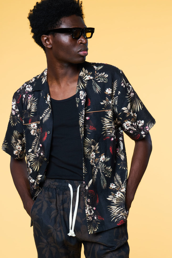 Men’s Short Sleeve Linen Camp Shirt - Black Hawaiian - 1 of 6