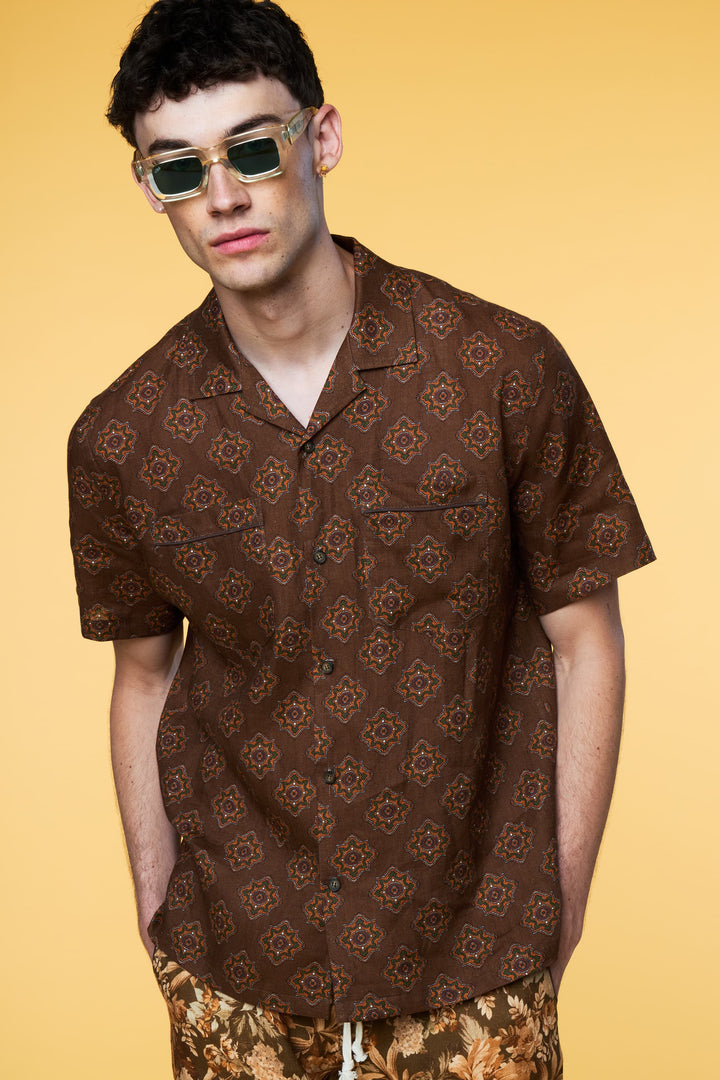 Men’s Short Sleeve Linen Camp Shirt - Brown Geo - 1 of 5