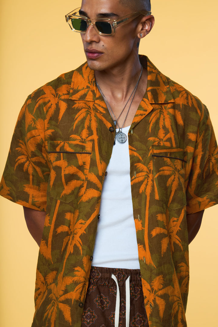 Men’s Short Sleeve Linen Camp Shirt - Orange Palm - 1 of 6