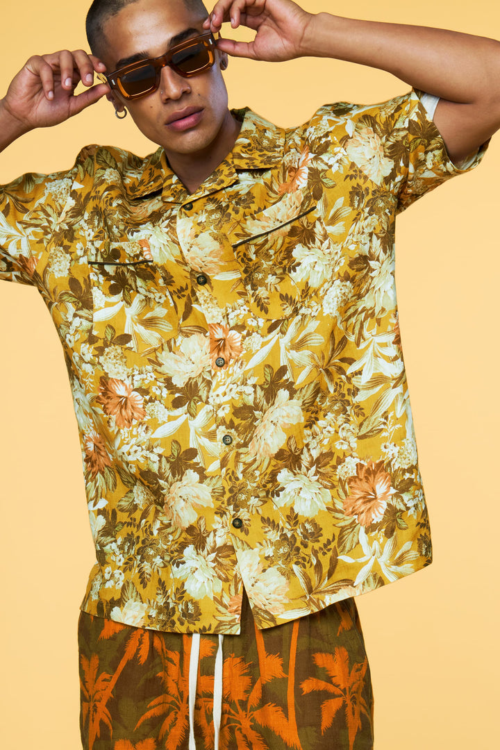 Men’s Short Sleeve Linen Camp Shirt - Yellow Botanical - 1 of 7