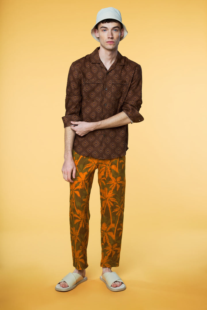 Men’s Linen Set - Brown Geo Orange Palm Long - 1 of 5