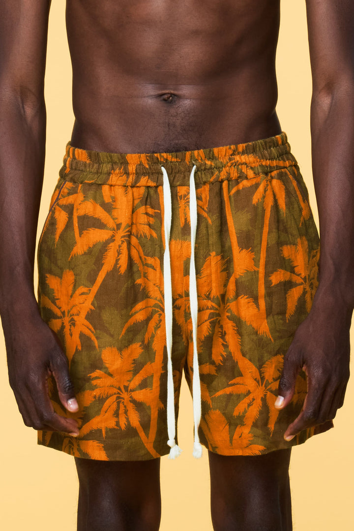 Men’s Orange Palm Printed Short in Linen - 1 of 5