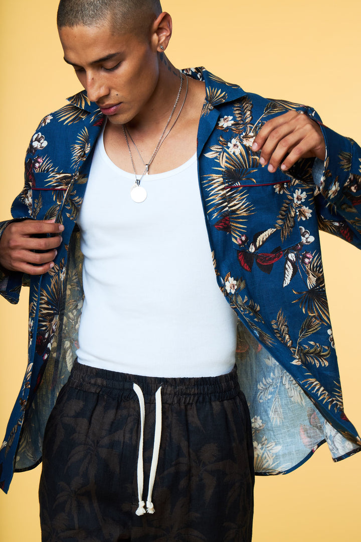 Men’s Linen Set - Blue Hawaiian Black Palm Long - 1 of 5