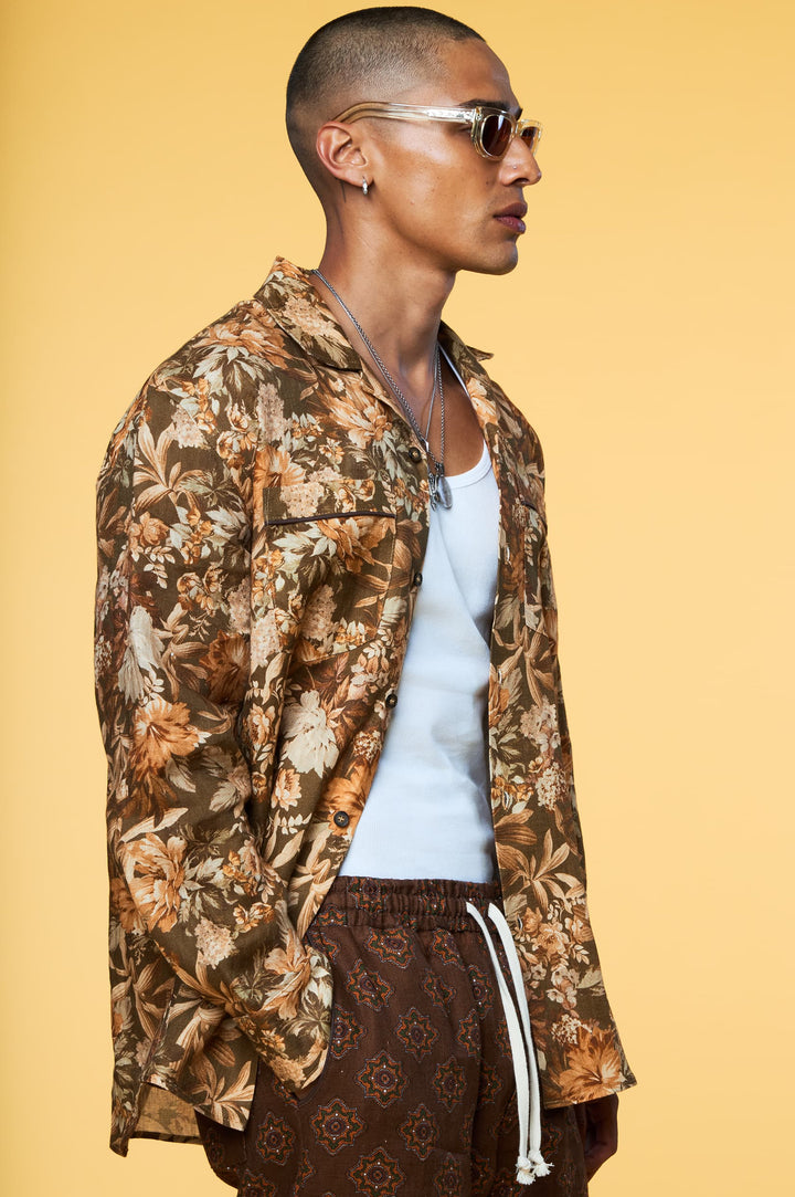 Men’s Linen Set - Olive Botanical Brown Geo  Long - 1 of 5