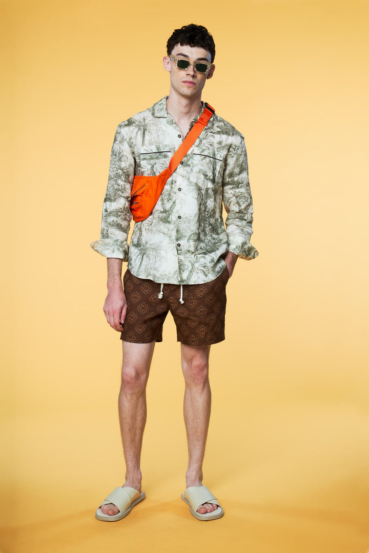 Men’s Linen Set - Olive Toile Brown Geo Combo - 1 of 5