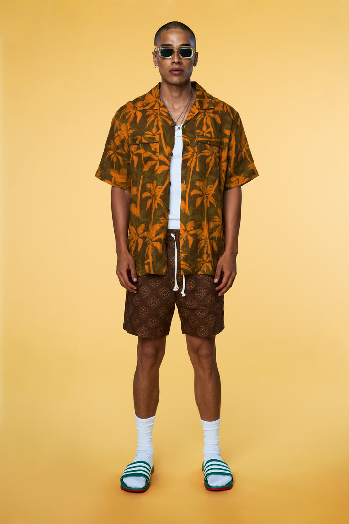 Men’s Linen Set - Orange Palm Brown Geo Short - 3 of 5