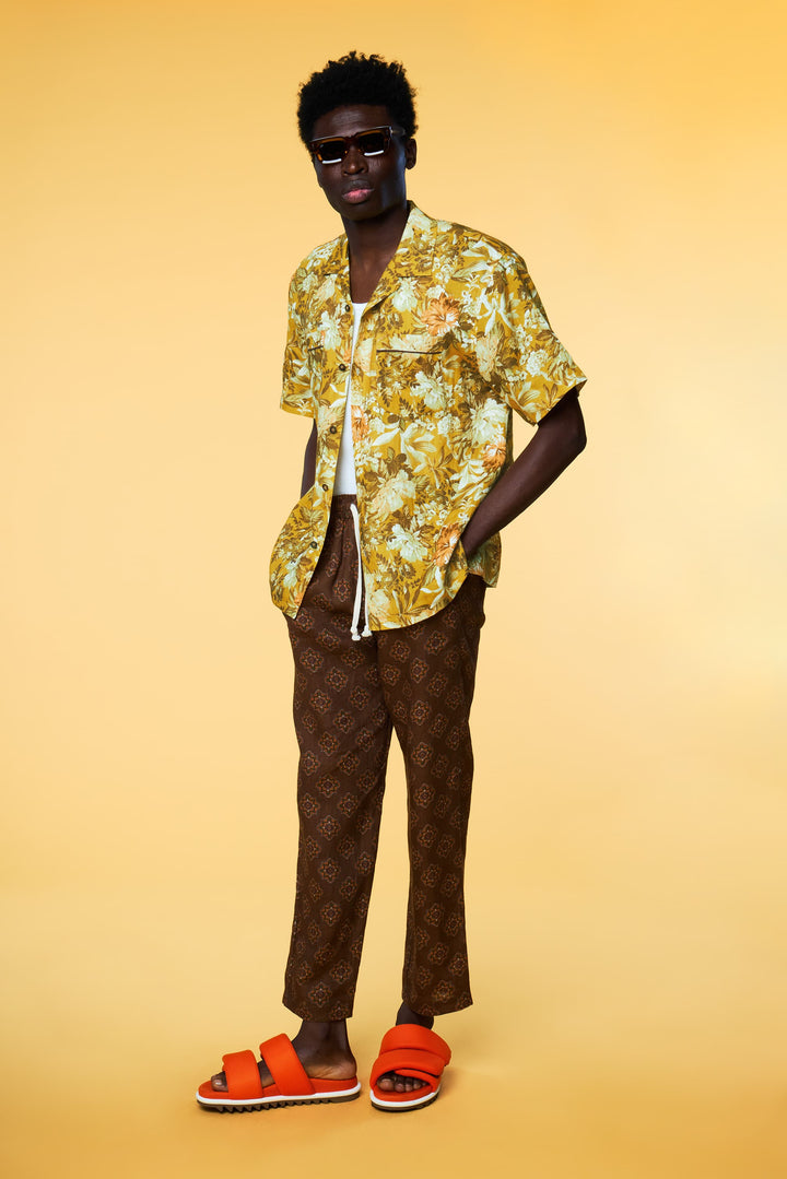 Men’s Linen Set - Yellow Botanical Brown Geo Weekend - 1 of 5