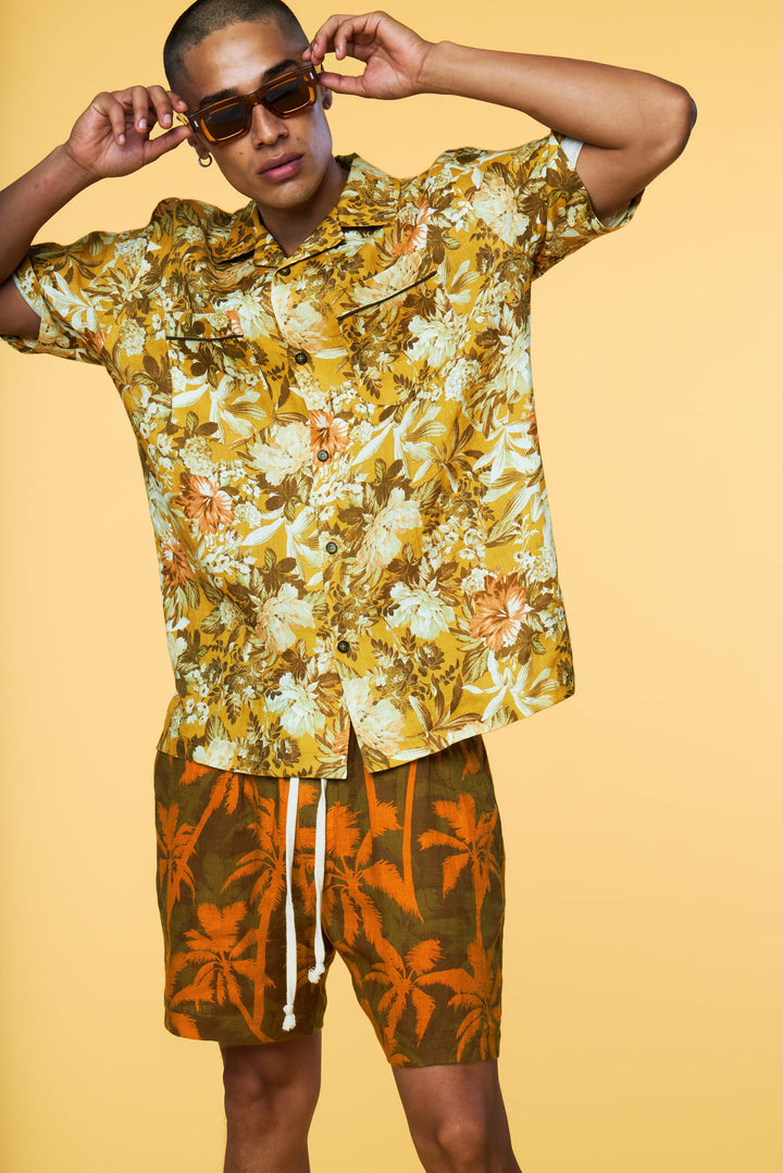 Men’s Linen Set - Yellow Botanical Orange Palm Short - 1 of 5