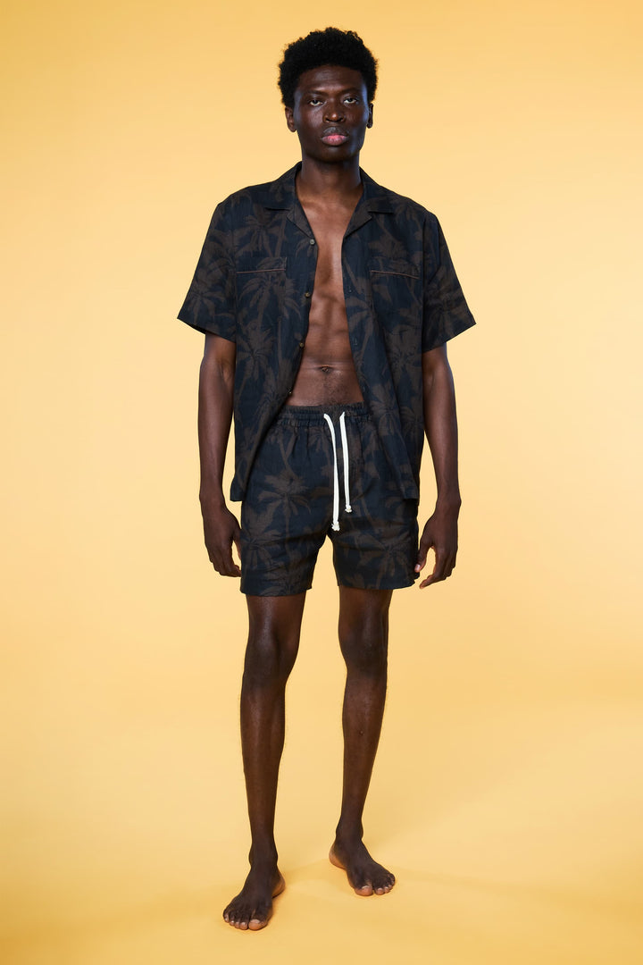 Men’s Matching Black Palm Printed Short Set in Linen - 1 of 6