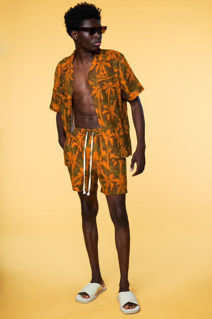 Men’s Matching Orange Palm Printed Short Set in Linen - 5 of 5