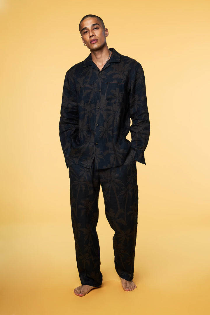 Men’s Long Sleeve Black Palm Matching Set in Linen - 1 of 5