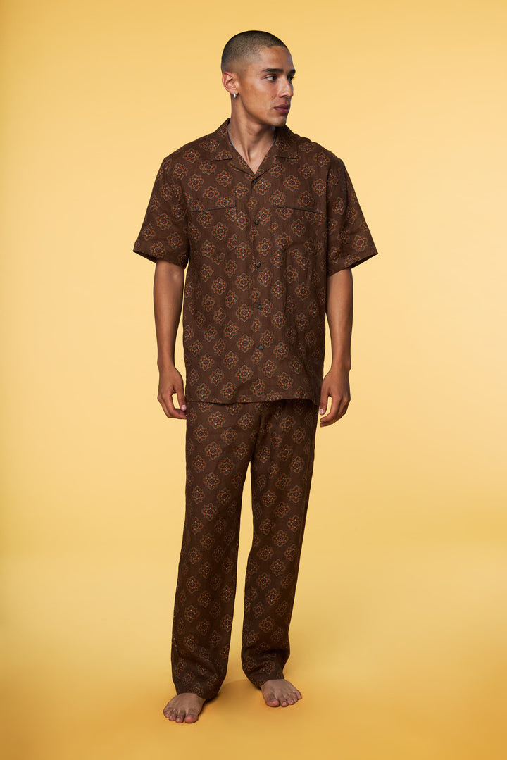 Men’s Brown Geo Matching Set in Linen - 1 of 5