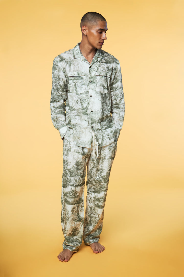 Men’s Long Sleeve Green Toile Matching Set in Linen - 2 of 5