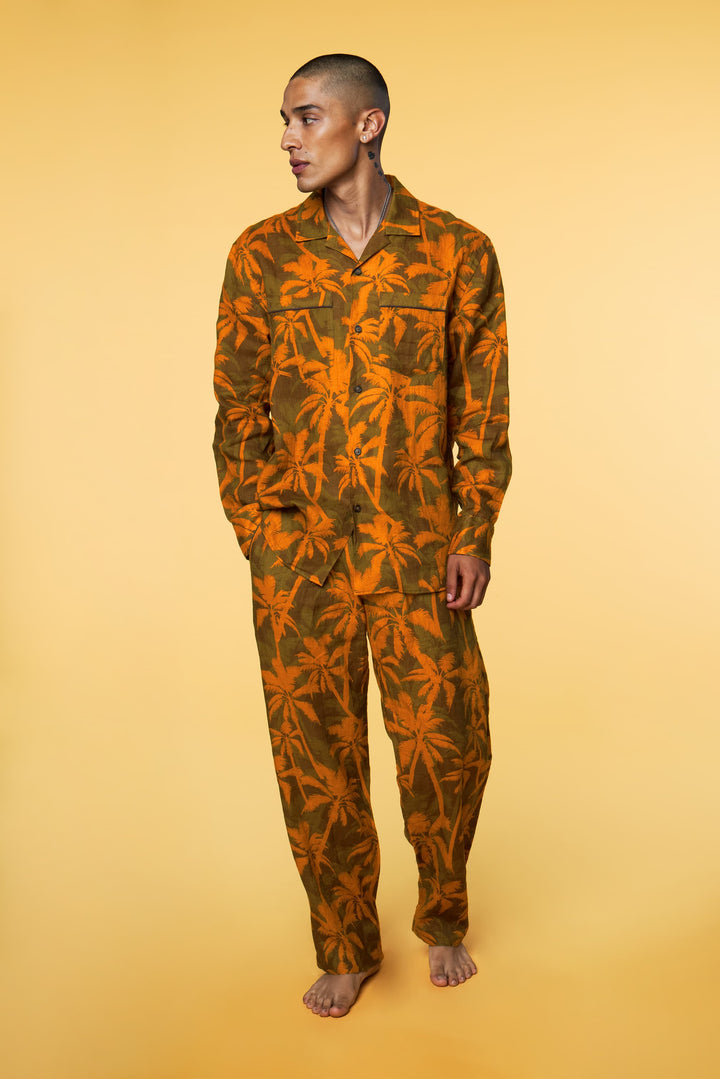 Men’s Long Sleeve Orange Palm Matching Set in Linen - 1 of 5