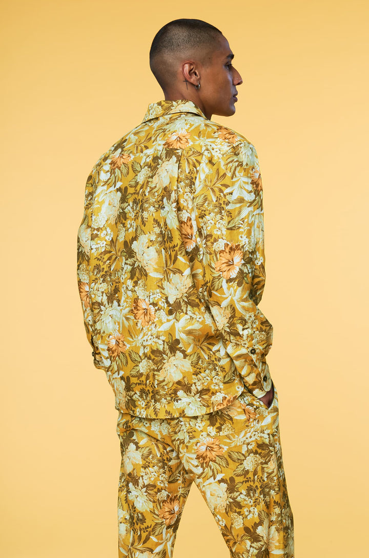 Men’s Long Sleeve Yellow Botanical Floral Matching Set in Linen - 4 of 5