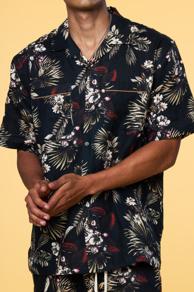 Men’s Short Sleeve Pajama Camp Shirt - Black Hawaiian - 4 of 6