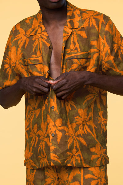 Men’s Short Sleeve Pajama Camp Shirt - Orange Palm - 4 of 6
