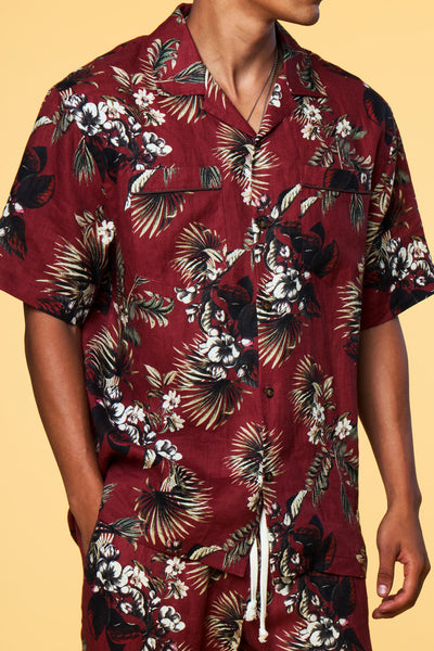 Men’s Short Sleeve Pajama Camp Shirt - Red Hawaiian - 3 of 5