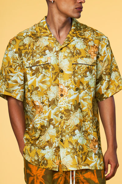 Men’s Short Sleeve Pajama Camp Shirt - Yellow Botanical - 3 of 7