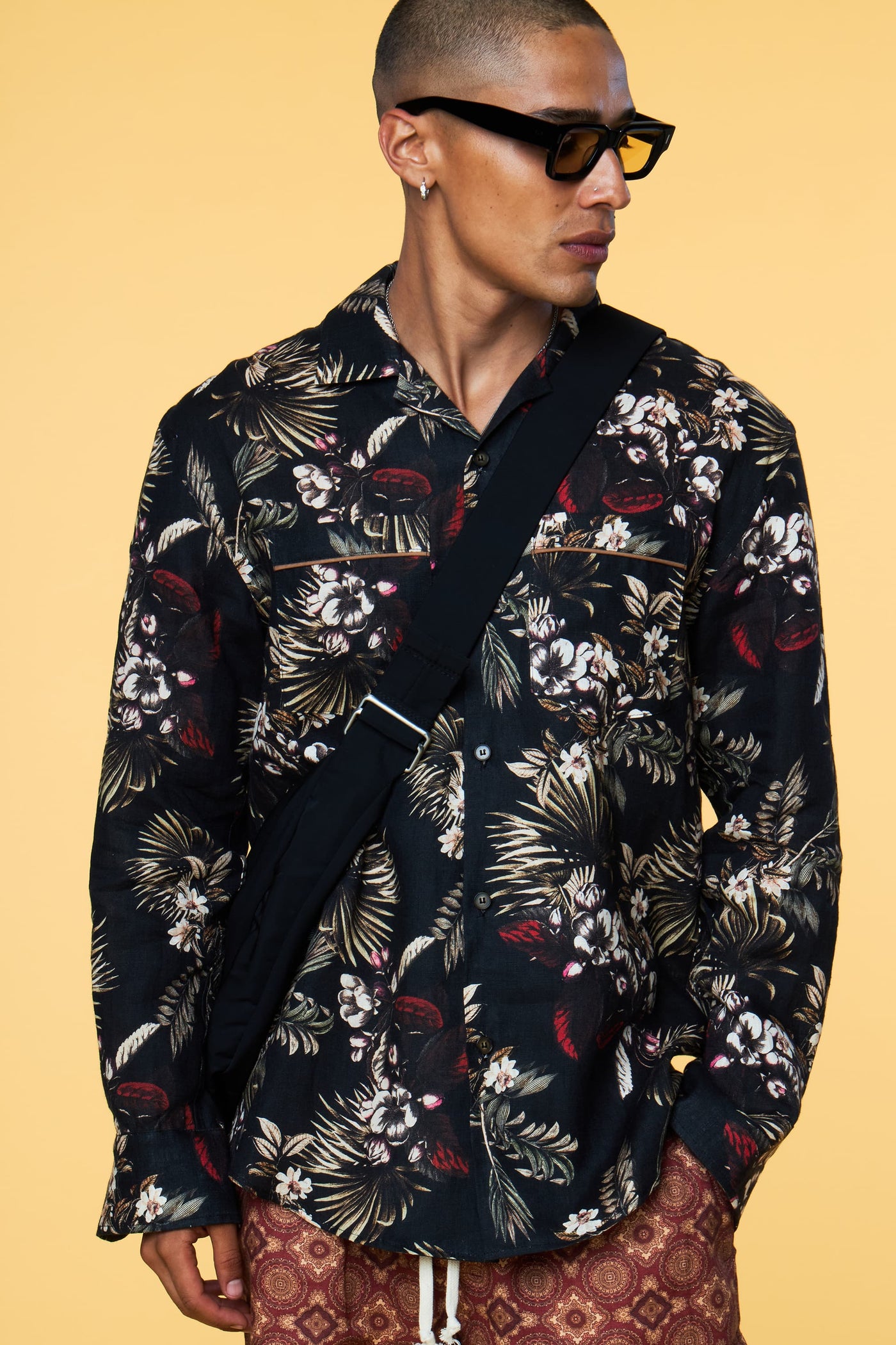 Men’s Long Sleeve Pajama Lounge Shirt - Black Hawaiian - 1 of 6