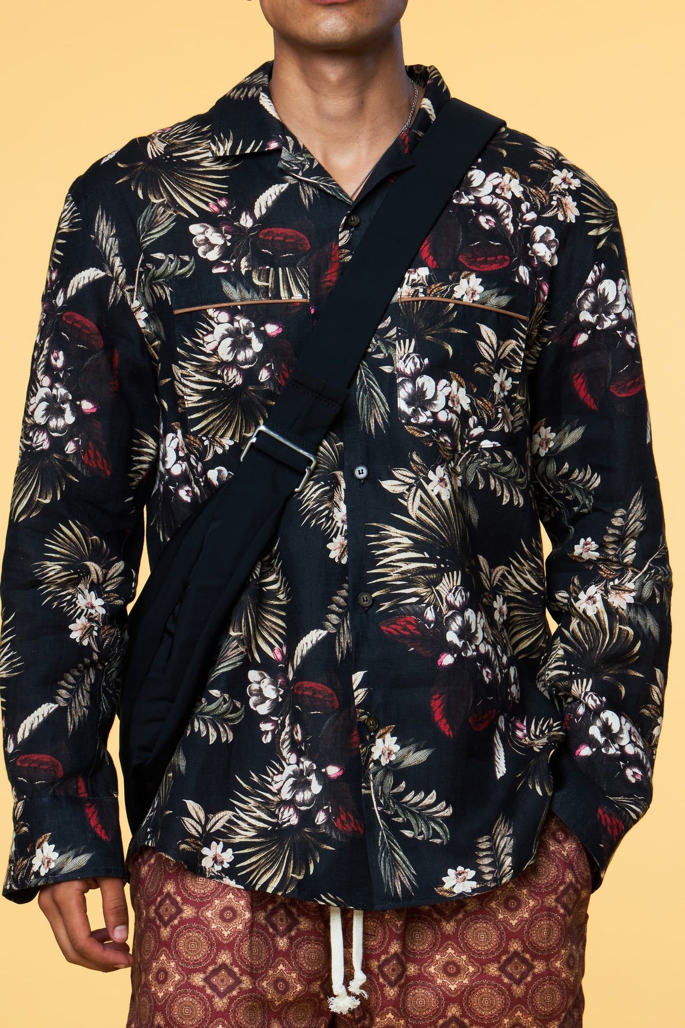 Men’s Long Sleeve Pajama Lounge Shirt - Black Hawaiian - 3 of 6