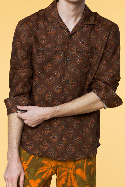 Men’s Long Sleeve Pajama Lounge Shirt - Brown Geo - 3 of 6