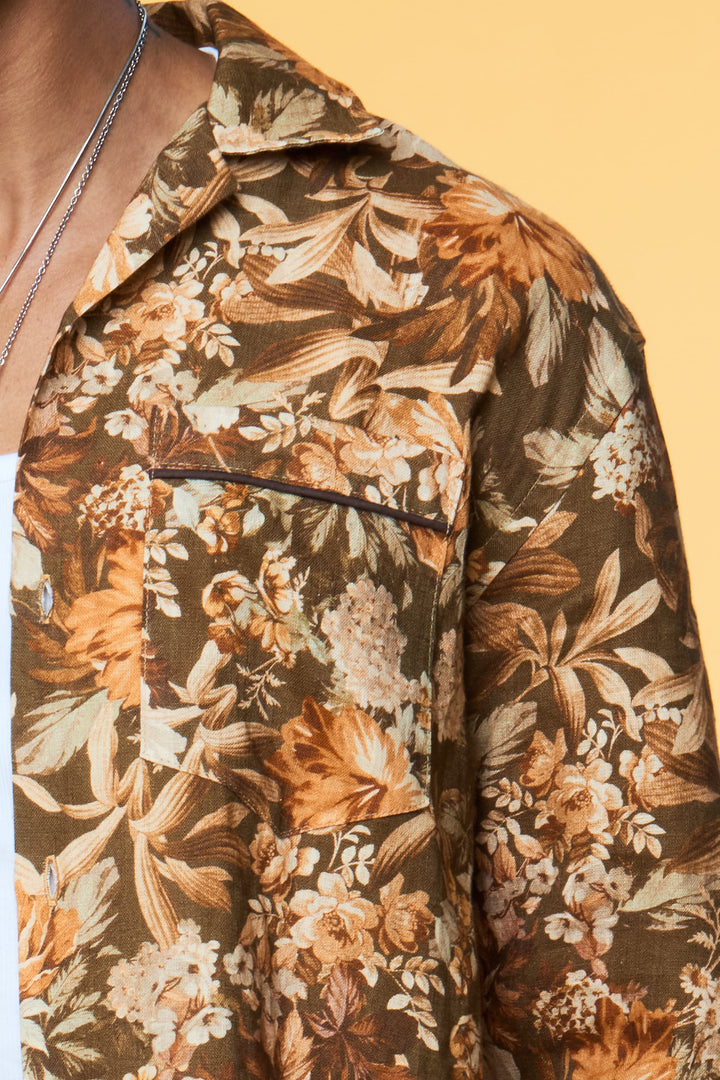 Close-up of the olive Botanical Floral print and collar on 100% linen