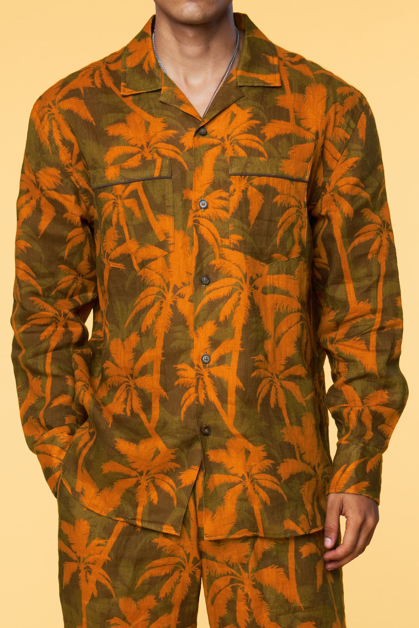 Men’s Long Sleeve Pajama Lounge Shirt - Orange Palm - 1 of 6