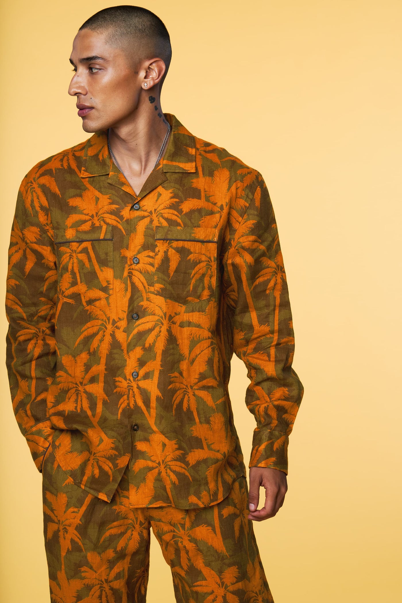 Men’s Long Sleeve Pajama Lounge Shirt - Orange Palm - 2 of 6