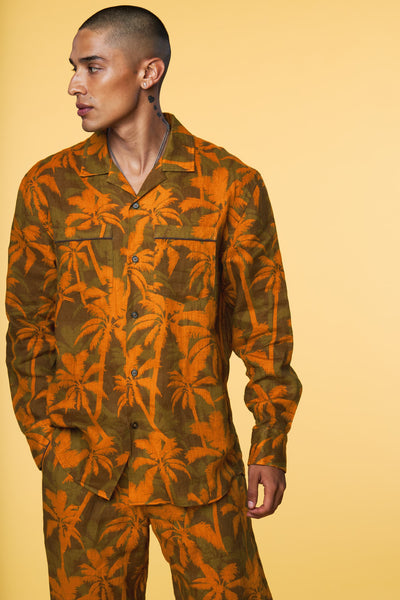 Men’s Long Sleeve Pajama Lounge Shirt - Orange Palm - 2 of 6