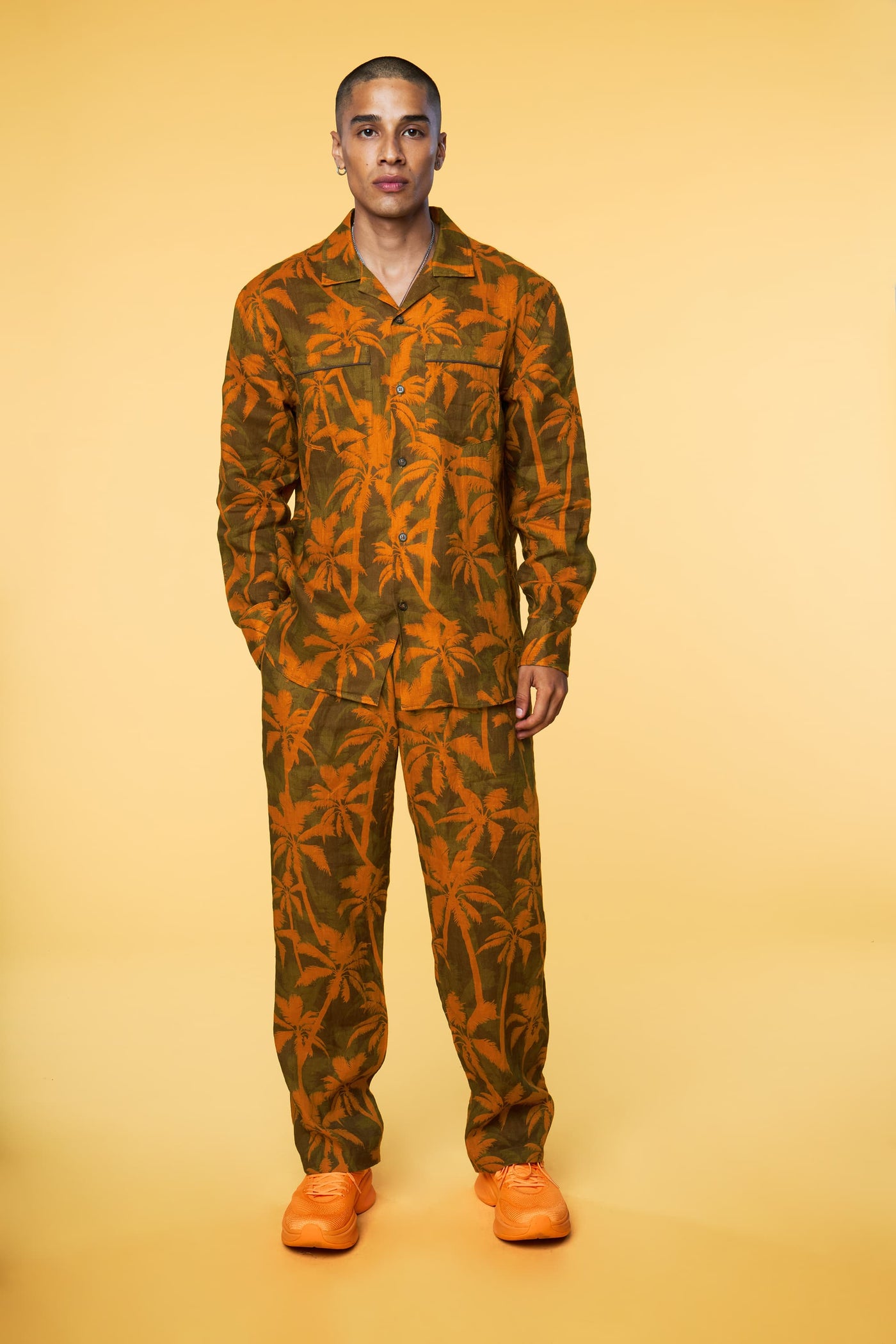 Men’s Long Sleeve Pajama Lounge Shirt - Orange Palm - 6 of 6