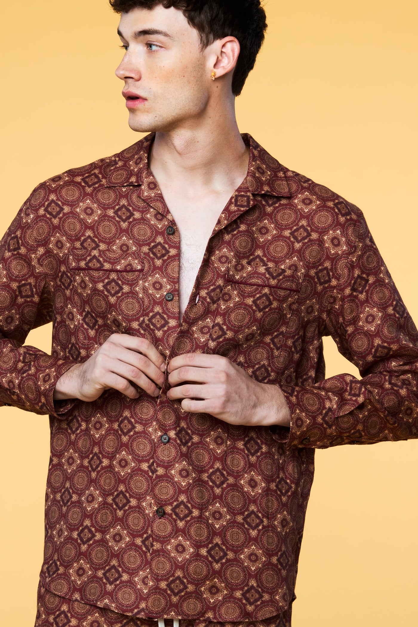 Men’s Long Sleeve Pajama Lounge Shirt - Red Foulard - 3 of 5