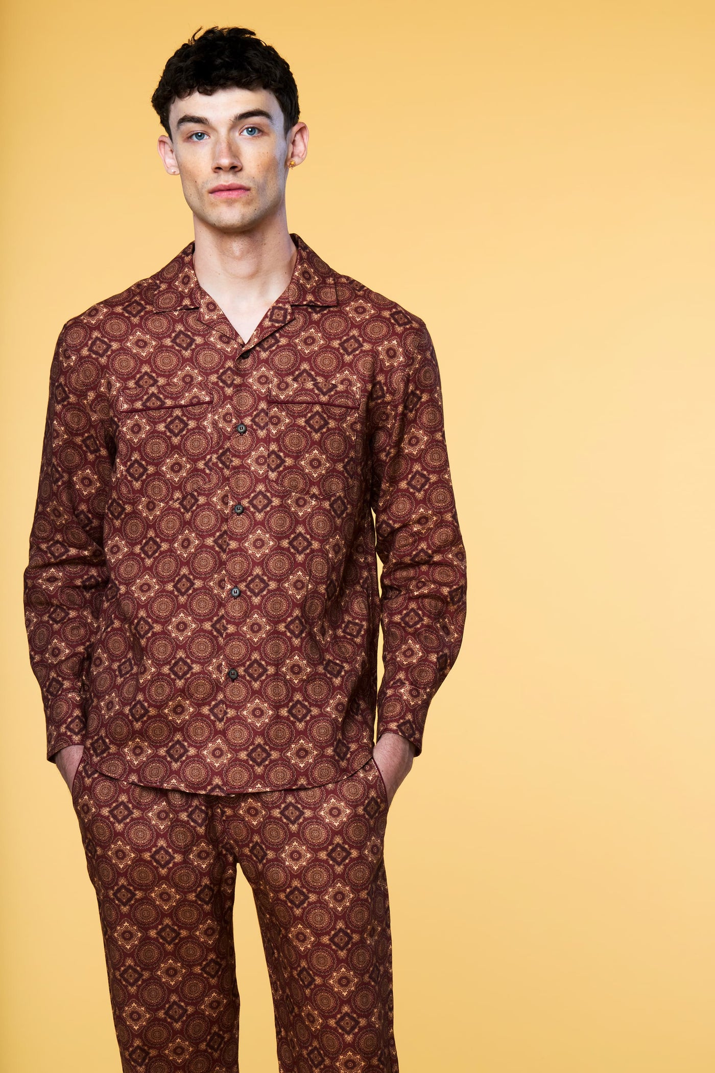 Men’s Long Sleeve Pajama Lounge Shirt - Red Foulard - 5 of 5