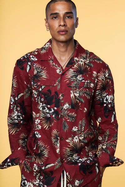 Men’s Long Sleeve Pajama Lounge Shirt - Red Hawaiian - 3 of 6