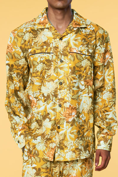 Men’s Long Sleeve Pajama Lounge Shirt - Yellow Botanical - 3 of 6