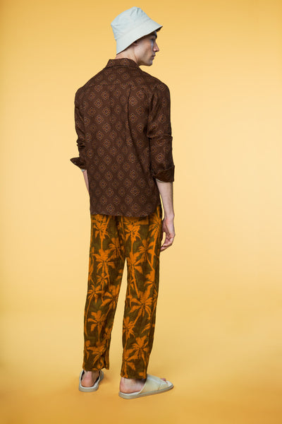 Men’s Pajama Set - Brown Geo Orange Palm Long - 3 of 5
