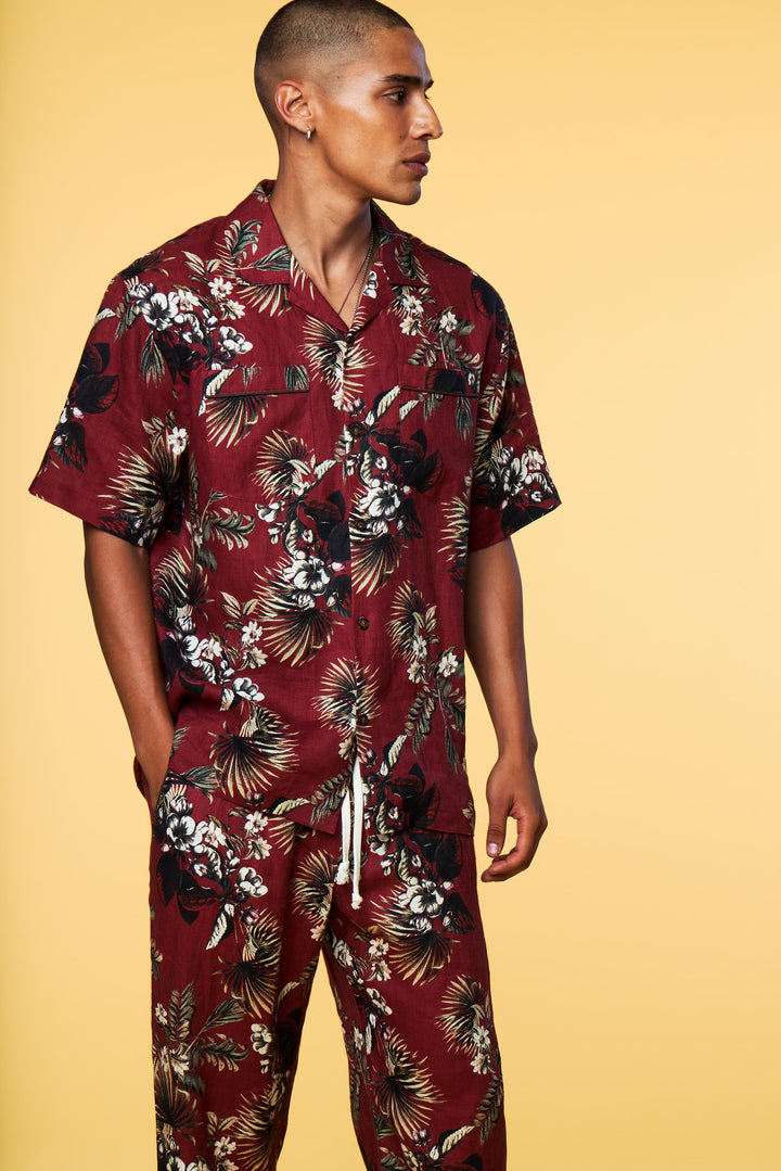 Men’s Red Hawaiian Floral Matching Set in Linen